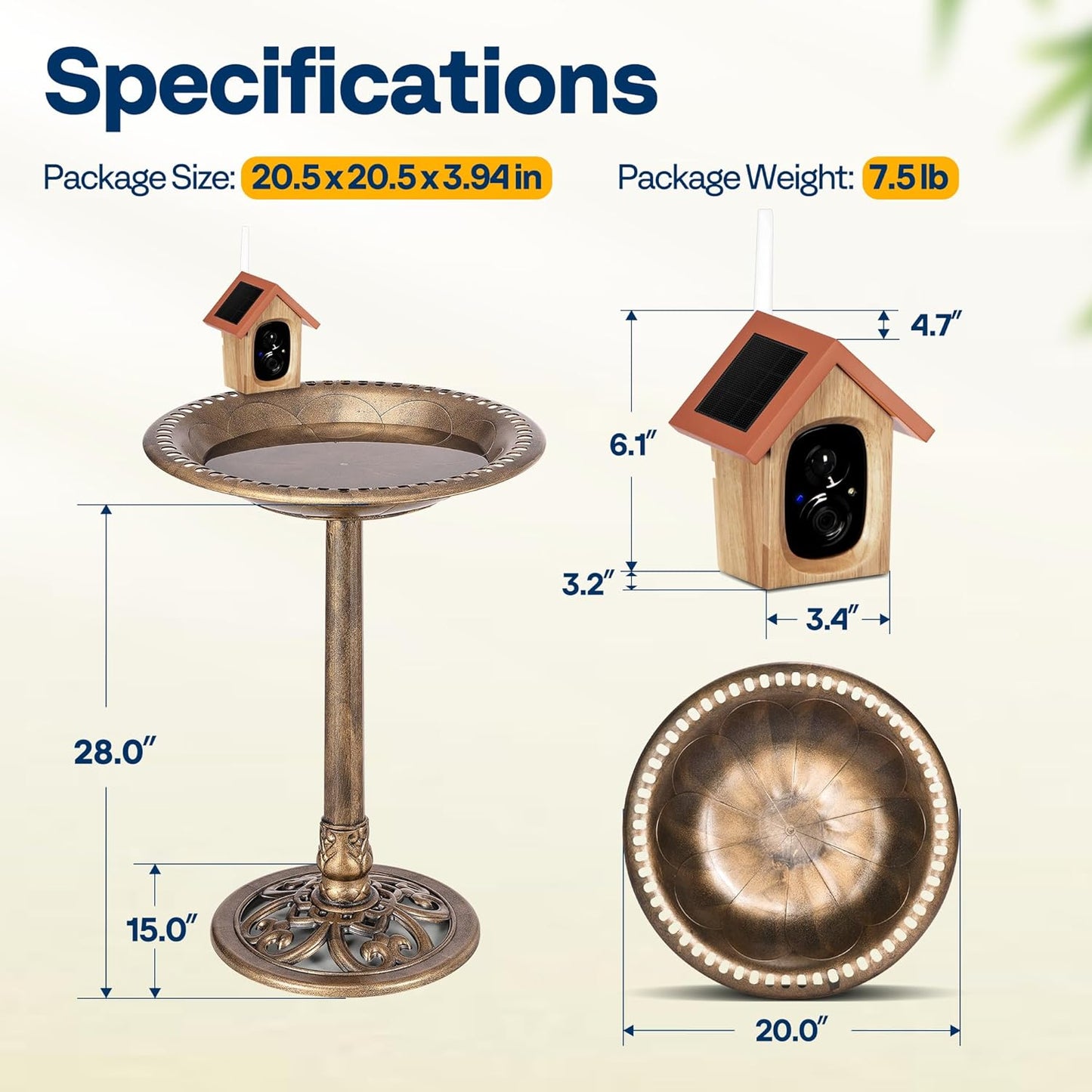 VIVOHOME Smart Polyresin Bird Bath with Camera, 2K HD Solar Powered Outdoor Bird Feeder with Night Vision, AI Bird Identification, Two-Way Audio, Instant Motion Alerts, 2.4GHz WiFi, Copper