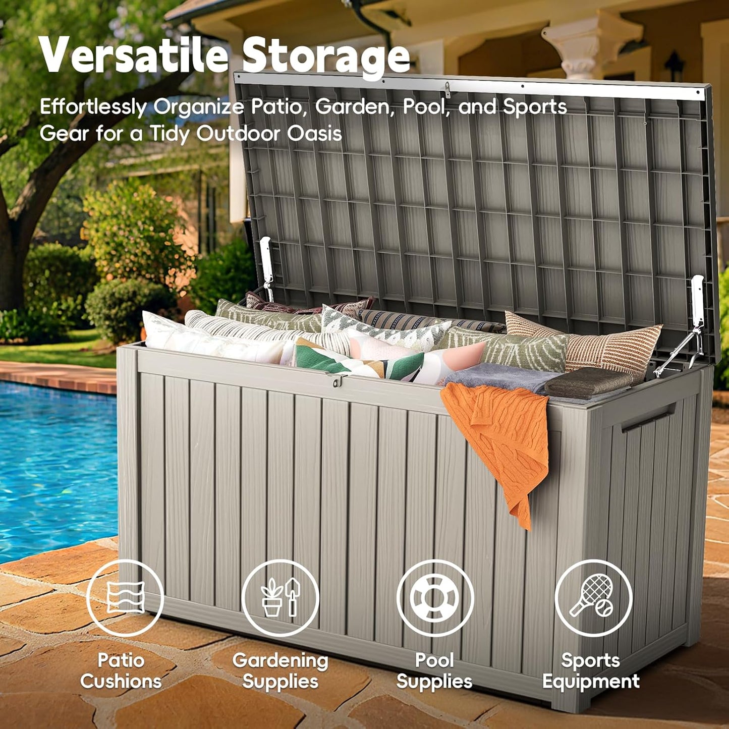Outdoor Storage Box, 180 Gallon Waterproof Resin Deck Box, Storage Bin for Package Delivery, Patio Furniture Cushion, Garden Tools, Pool Accessories, Weatherproof and UV Resistant, Grey