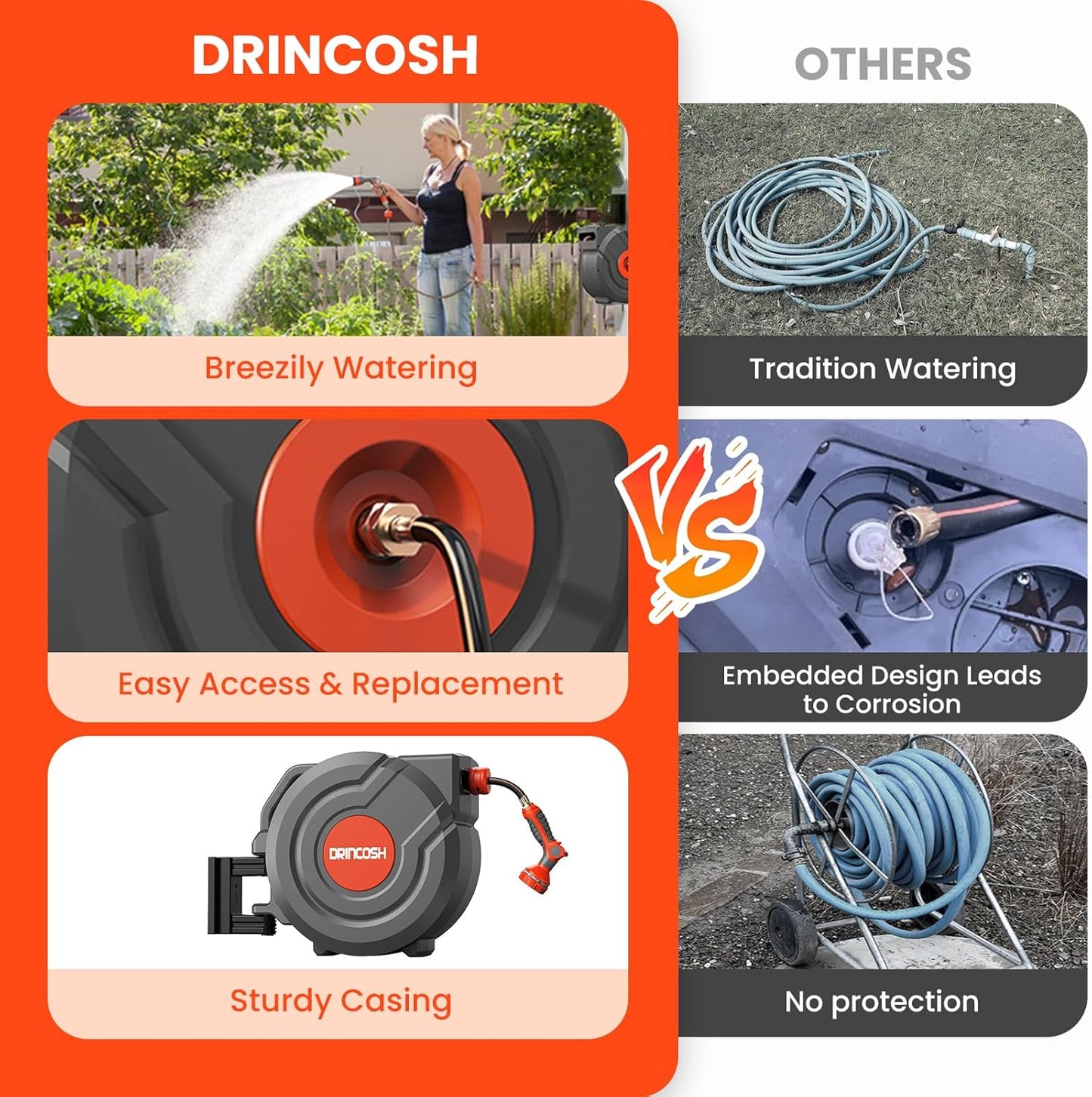 Upgraded Retractable Garden Hose 5/8 in x 90 ft Heavy Duty Wall-Mounted Hose Reel 180°Swivel Automatic Slow Return Any Length Lock 9 Pattern Nozzle UV Resistant (Black)