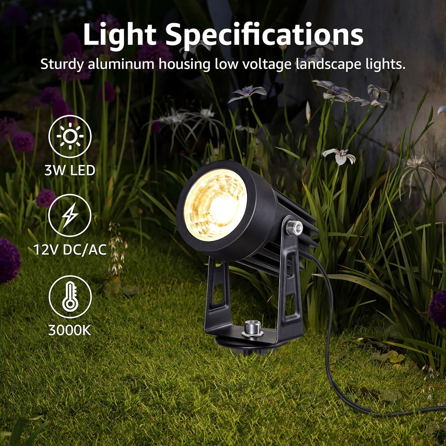 SUNVIE 3W Low Voltage Landscape Lighting LED Landscape Spotlights with Connectors Waterproof Low Voltage Landscape Lights 3000K Warm White Uplights Outdoor Spot Lights for Yard Garden House, 4 Pack