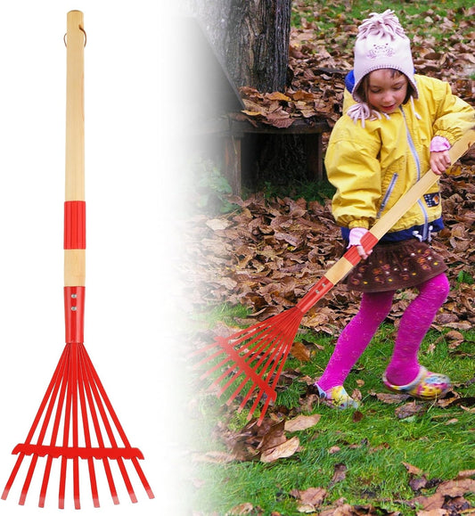 Kids Rakes with Hardwood Handle - Metal Kids Leaves Rakes, 28" Child Size Lawn Rakes with Vibrant Red Heads, Garden Tool Set for Kids Boys and Girls