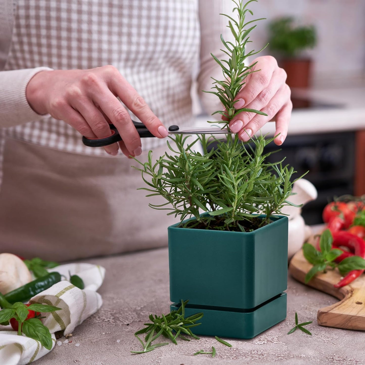 4 Inch Herb Planter Pot, Plastic Planter with Drainage Holes and Saucer, Modern Decorative Gardening Pot for Indoor Plants, Flowers, Herbs, Succulents, Green, Set of 2, 76-Y-C-2