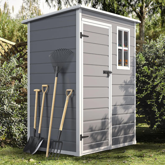DWVO 5x3 FT Outdoor Storage Shed with Reinforced Floor, All-Weather Resin Storage Shed with Lockable Door & Window, Waterproof Plastic Tool Storage for Garden, Backyard, Patio, Lawn