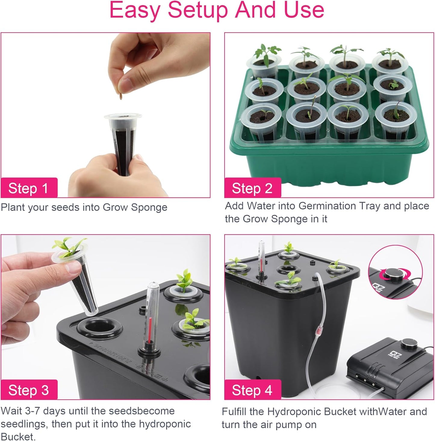 4 Hydroponic Buckets Kit for Plants, Hydroponics Growing System for Herbs/Tomato/Vegetables, DWC System with Air Pump & Germination Tray Black (Complete Indoor Hydroponic Gardening Supplies)