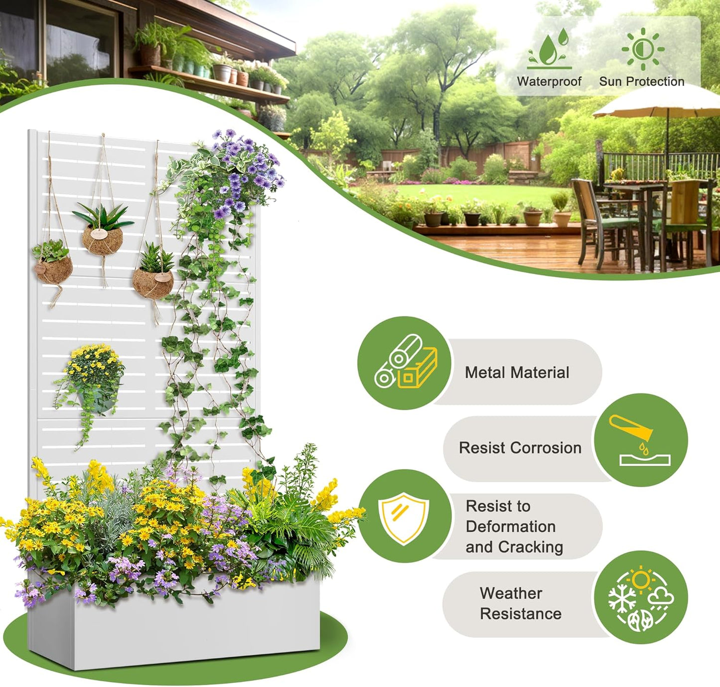 FENCY Metal Raised Garden Bed with Trellis, Metal Planter Box with Trellis, Garden Box for Climbing Plants Vegetable, 35" Lx16 Wx71 H Garden Bed with Drainage Holes(White-Louvered)