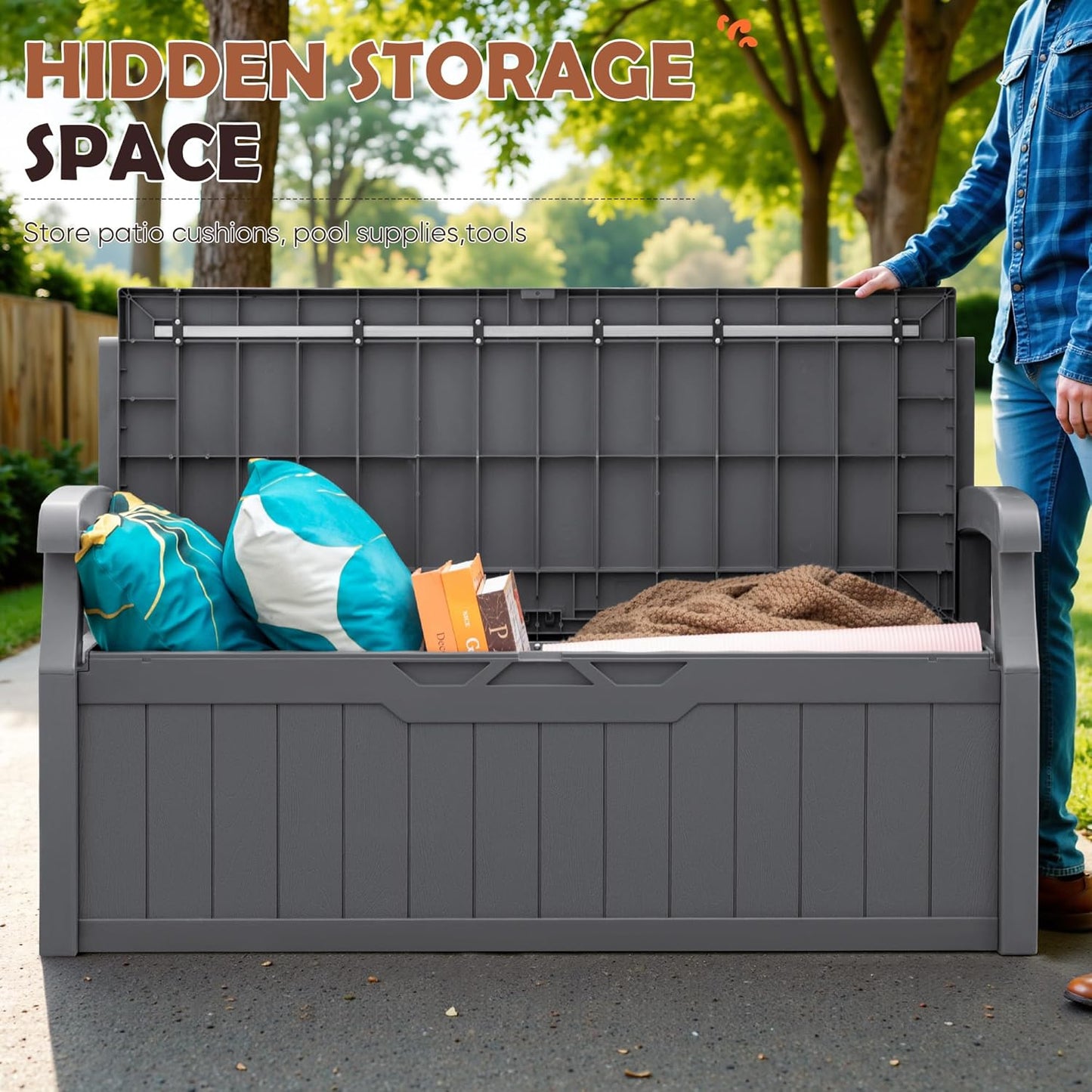 JUMMICO 80 Gallon Resin Outdoor Storage Bench, Large Deck Box with Armrest, Lockable & Waterproof for Garden, Home, Patio, Pools (Grey)