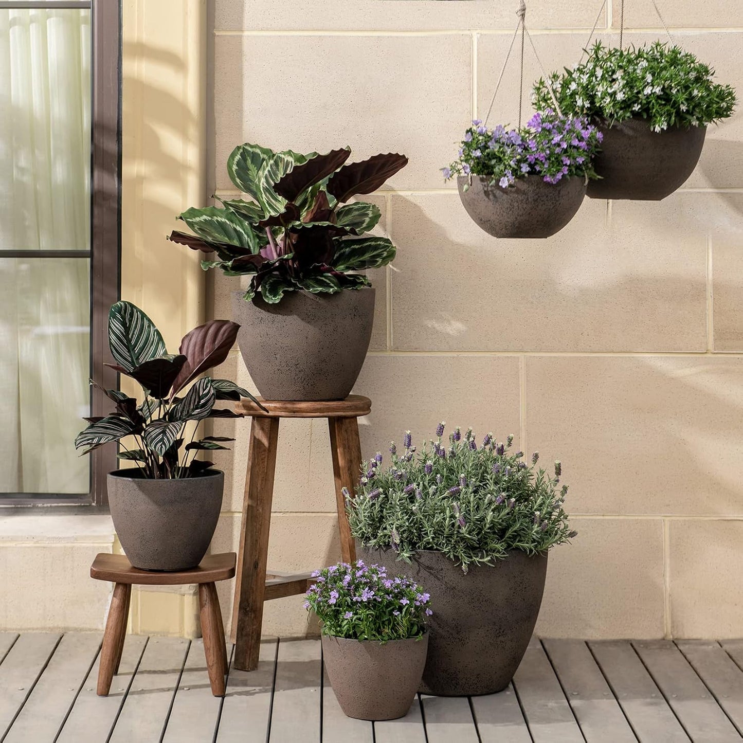 LA JOLIE MUSE 14.2/11.3/8.6 Inch Large Planters,Indoor/Outdoor Round Planters Set of 3,New Iron Plant Container with Drain Holes,Tree Flower Plant Pots for Patio and Deck
