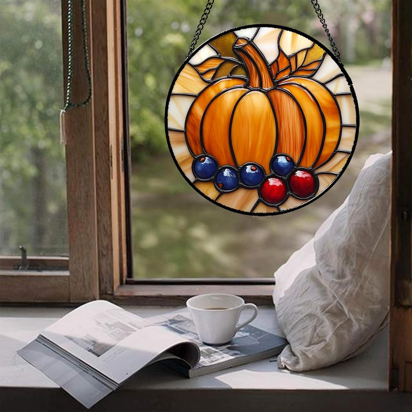 Stained Glass Window Hanging Fall Pumpkin Berries 6.3" - Suncatcher Door Garden Kitchen Sunroom Sun Catcher Autumn Home Decor Birthday for Mom Grandma Men Woman