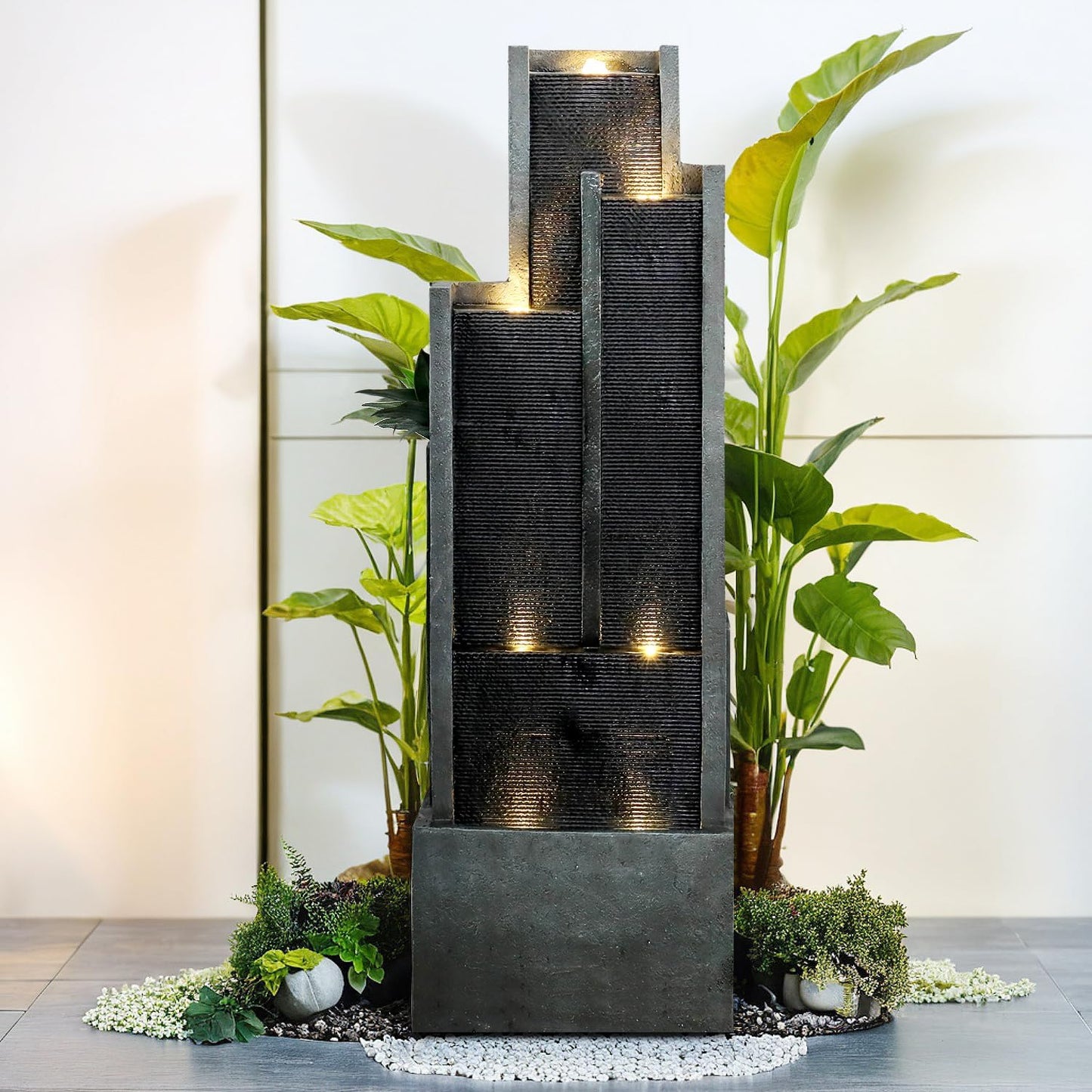 SunJet 5-Tier Modern Water Fountain, Indoor/Outdoor Resin Water Fountains with Soothing Water Sounds & Warm LED Light, Perfect for Garden, Patio, Home & Office, 16.9" L x 9.8" W x 50.7" H