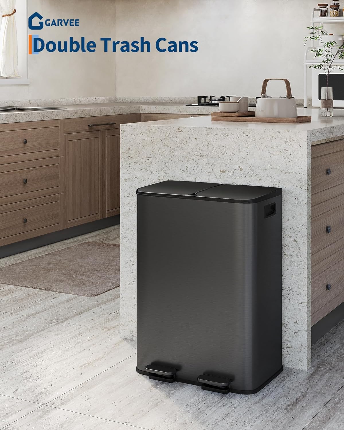 GarveeHome 2 x 8 Gallon Stainless Steel Double Trash Can with Lid for Kitchen, Large Dual Trash and Recycle Bin Combo, Step-on Kitchen Metal Garbage Cans, PP Inner Buckets, Liner Rim, Matte Black