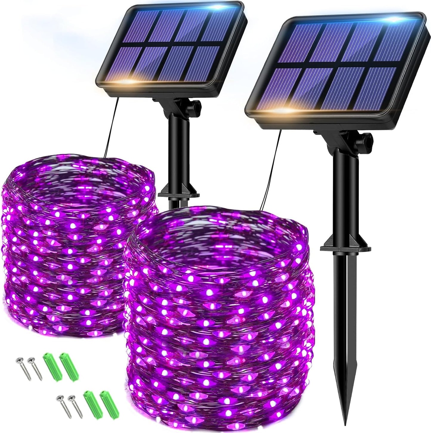 2 Pack Solar String Lights Outdoor - 160LED 66FT Halloween Solar Fairy Lights Outside Waterproof, 8 Modes Purple Solar Powered Twinkle Lighting Decorations for Tree Garden Yard Spooky Patio Party