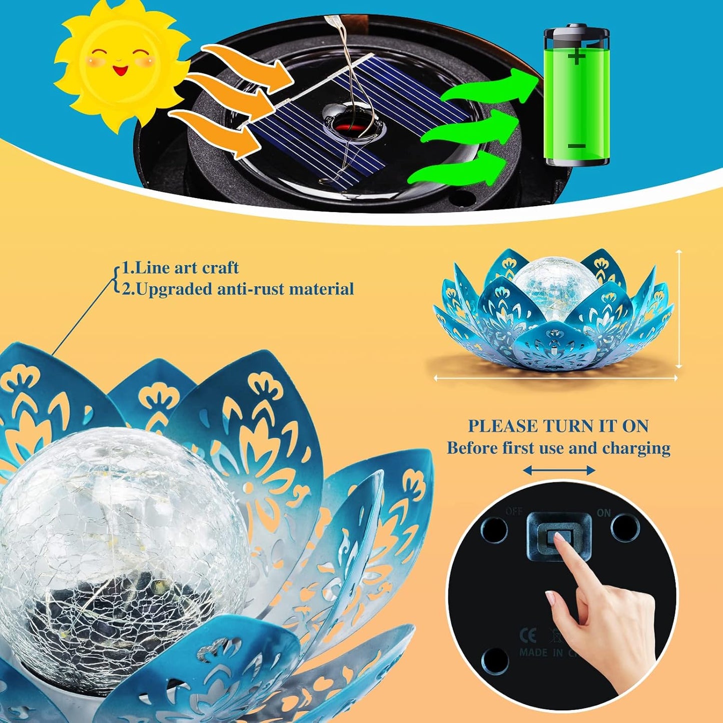 Huaxu Solar Lights Outdoor Decorative - Bright Blue Lotus Flower Table Lamp, Glass Globe 30 LED Waterproof Metal Decorations Gifts for Mom Women Garden Patio Pathway Yard Balcony Outside Decor