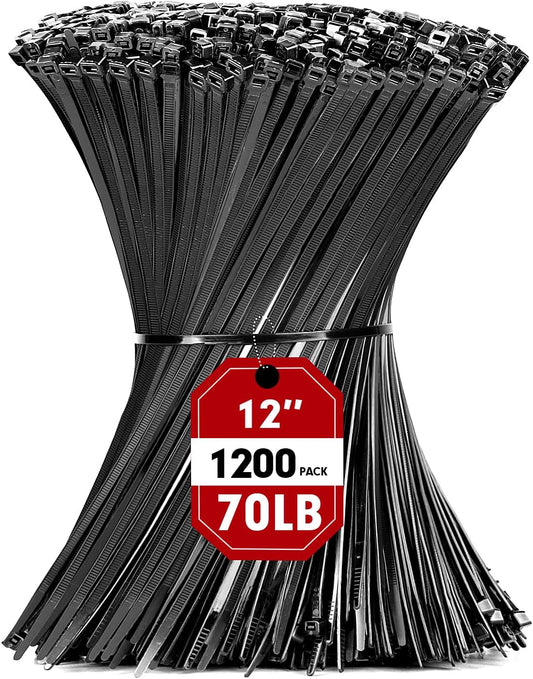 Zip Ties, RAZCC 1200pcs Black Cable Zip Ties 12 Inch, Heavy Duty Plastic Wire Ties with 70lb Tensile Strength, Self-Locking Black Nylon Tie Wraps for Indoor and Outdoor