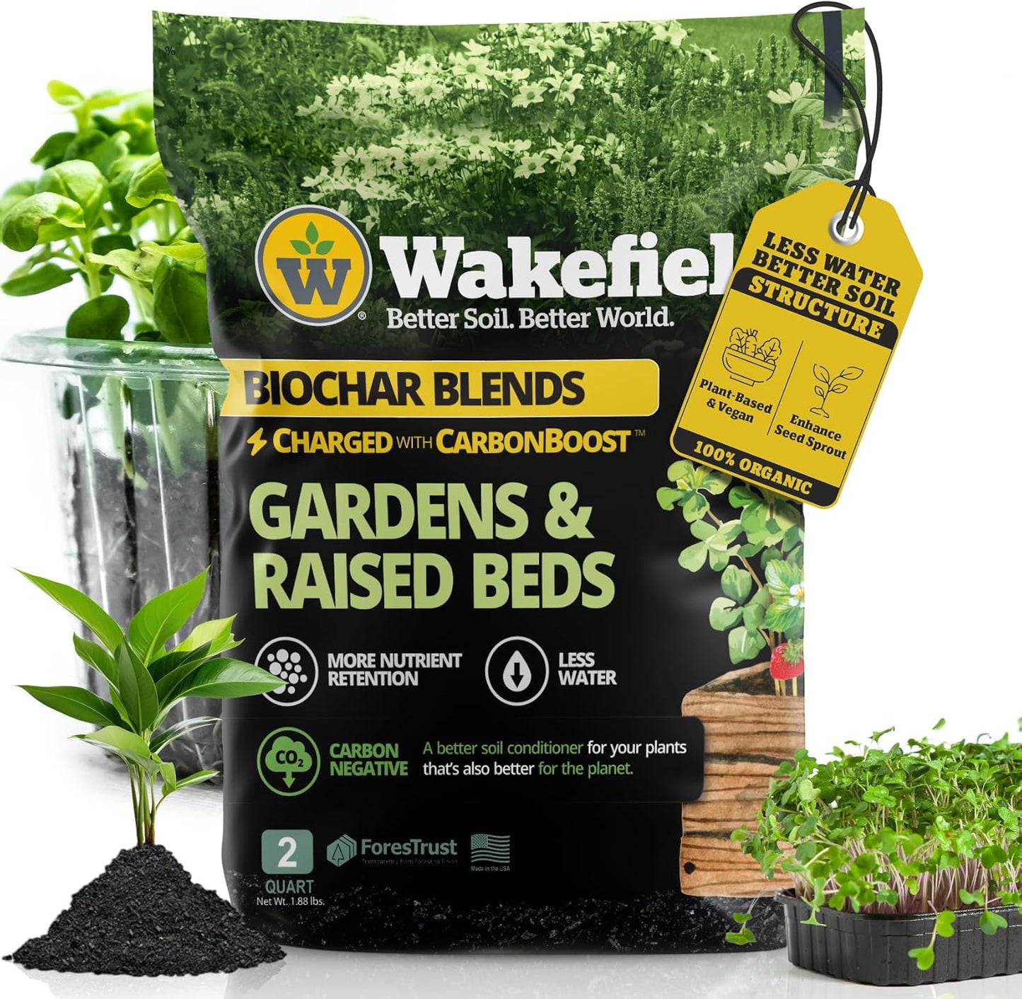 Wakefield Biochar Blend with CarbonBoost™ Technology – Enhanced Water & Nutrient Retention for Raised Bed Garden Soil - Ultimate Organic Potting Soil Mix for Vegetables, Gardens and Houseplants - 2qt