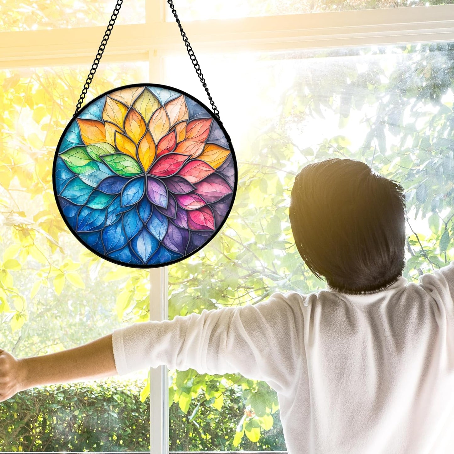Stained Glass Window Hanging, Colorful Flower Petals Sun Catchers Diamond Glass Panel Hangings Suncatcher Decor for Birthday for Women, Men, Wife, Aunt, and Mom 9.8 in