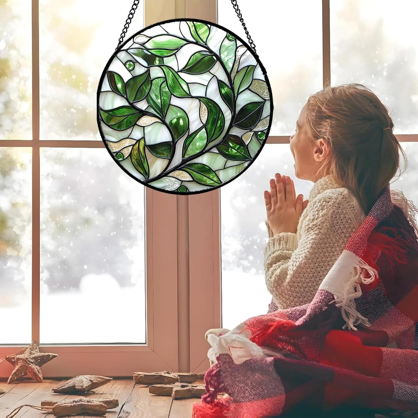 Stained Glass Window Hanging - White Green Leaves Suncatcher for Doors Window Home Plant Sun Catchers Decor Christmas Mother's Day Birthday Gifts for Teacher Women Men Mom Nana 9.8 in