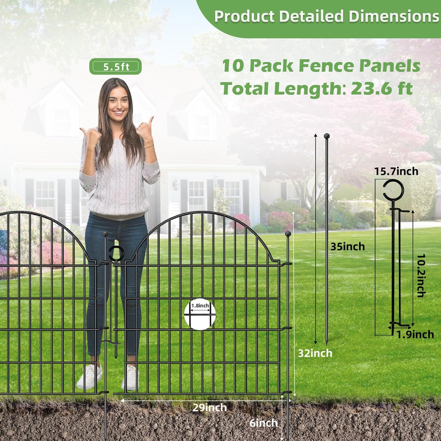 Decorative Metal Garden Fence with Gate Lock 10 Panels, 32in (H) x 23.6ft (L) No Dig Dog Fence Outdoor for Yard, Temporary Rustproof Metal Wire Rabbit Dog Garden Border Fencing for Patio