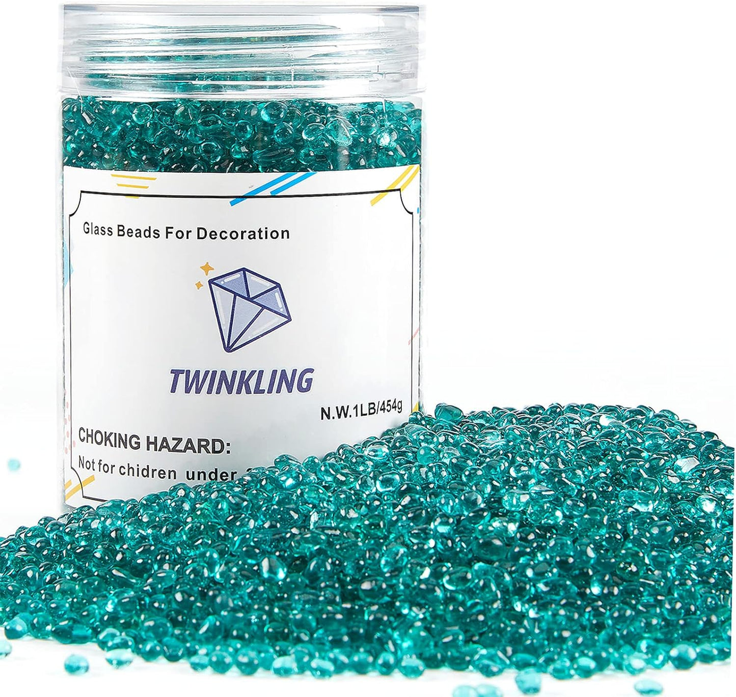 TWINKLING High Luster Round Fire Glass Stones,Glass Marbles Pebbles,Glass Beads Gems for Fire Pit Vase Fillers Crafts Aquarium Garden Decoration,3-6mm,1-Pound Jar (Turquoise)