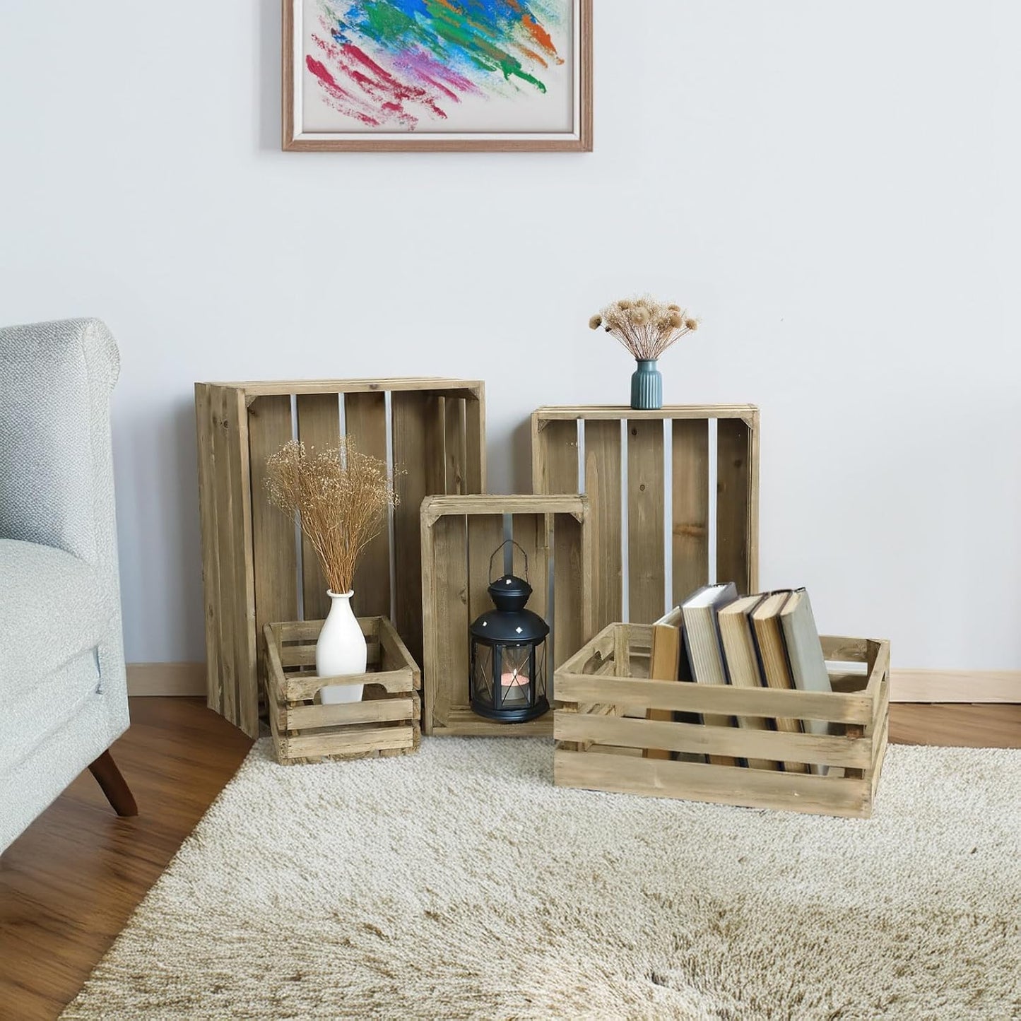 5-Piece Farmhouse Wooden Crate Set - Rustic Wooden Crates for Display and Storage, Large Grey Decorative Crates, Farmhouse Apple Crates, Painted Wood Crates for Decor