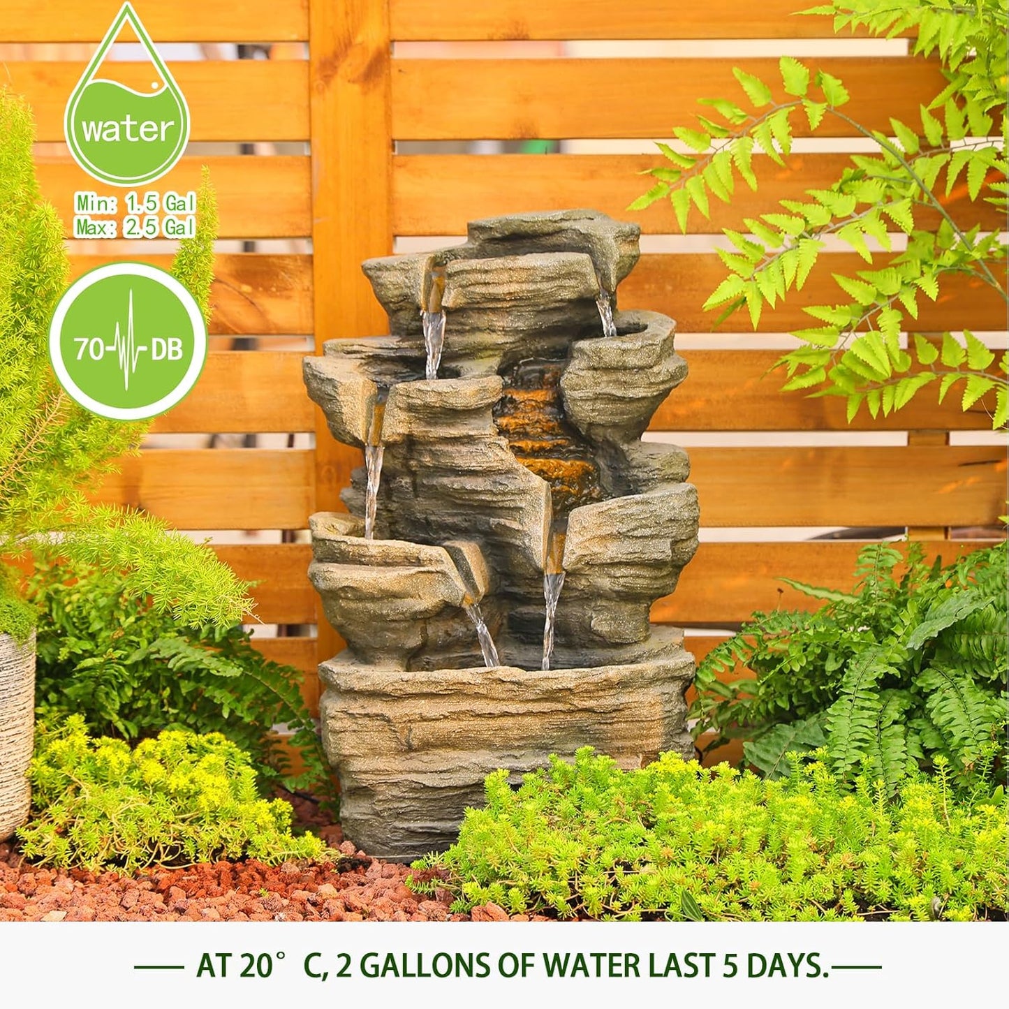 6-Tier Cascading Rock Water Fountain Outdoor Garden Waterfall Decor for Garden, Patio, Backyard, Deck, Porch and Home Art Decor,24.4" H Outdoor Fountain with Lights