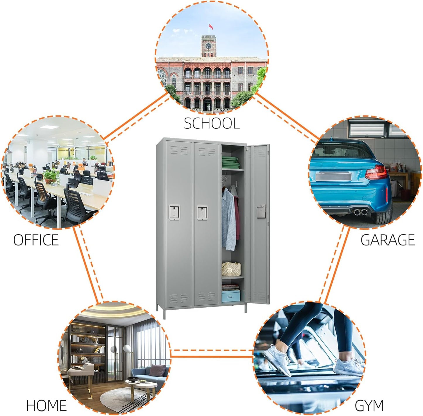 Metal Employee Lockers with 3 Doors,Metal Locker with 9 Hooks for Office Gym Garage Home,Assembly Required,Light Grey