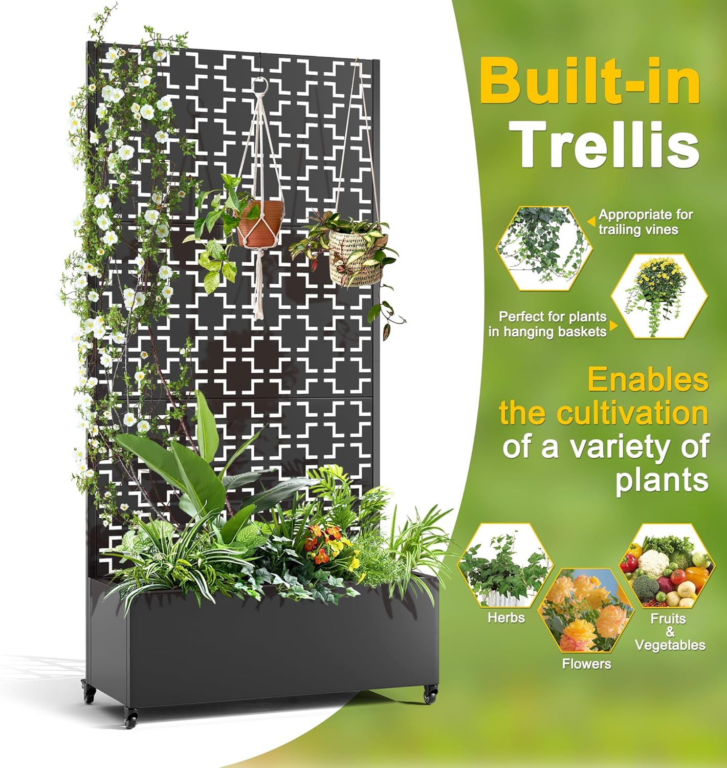 FENCY Metal Raised Garden Bed with Wheels and Trellis,73"x35"x16" Planter Box for Climbing Plants, Vegetables & Vines, Features Privacy Screen and Drainage Holes (Black-Square)