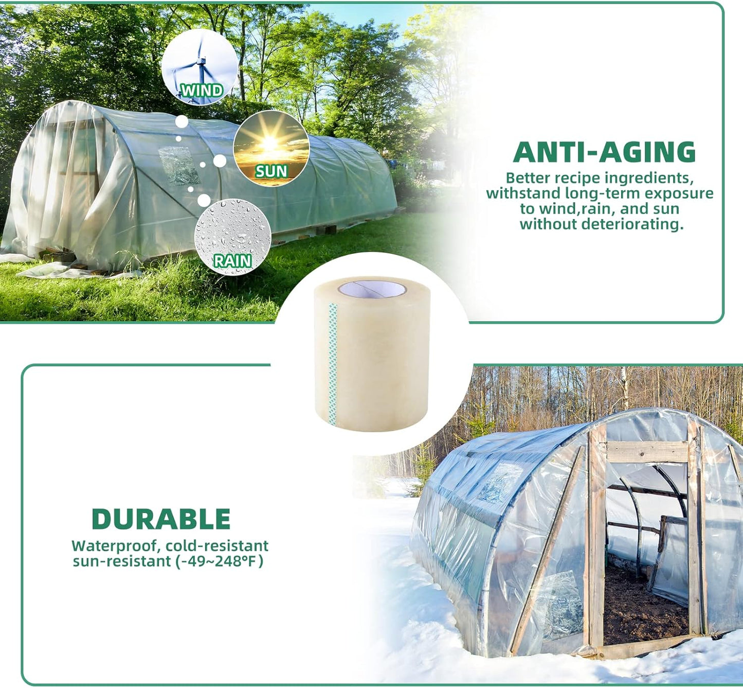 Greenhouse Repair Tape, 6.3 mil Thickness Greenhouse Plastic Tape, Clear UV Resistant Greenhouse Sheeting Coverings Film Tape(6inX213ft)