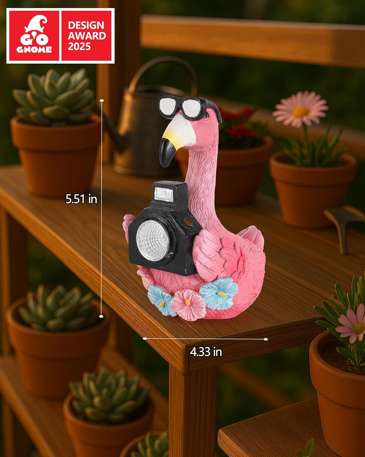 Solar Flamingo Garden Statue with Camera Light – 5.5in Tall Solar Powered Outdoor Figurine for Yard, Patio, Balcony – Funny Garden Decor, Gift for Women (Flamingo)