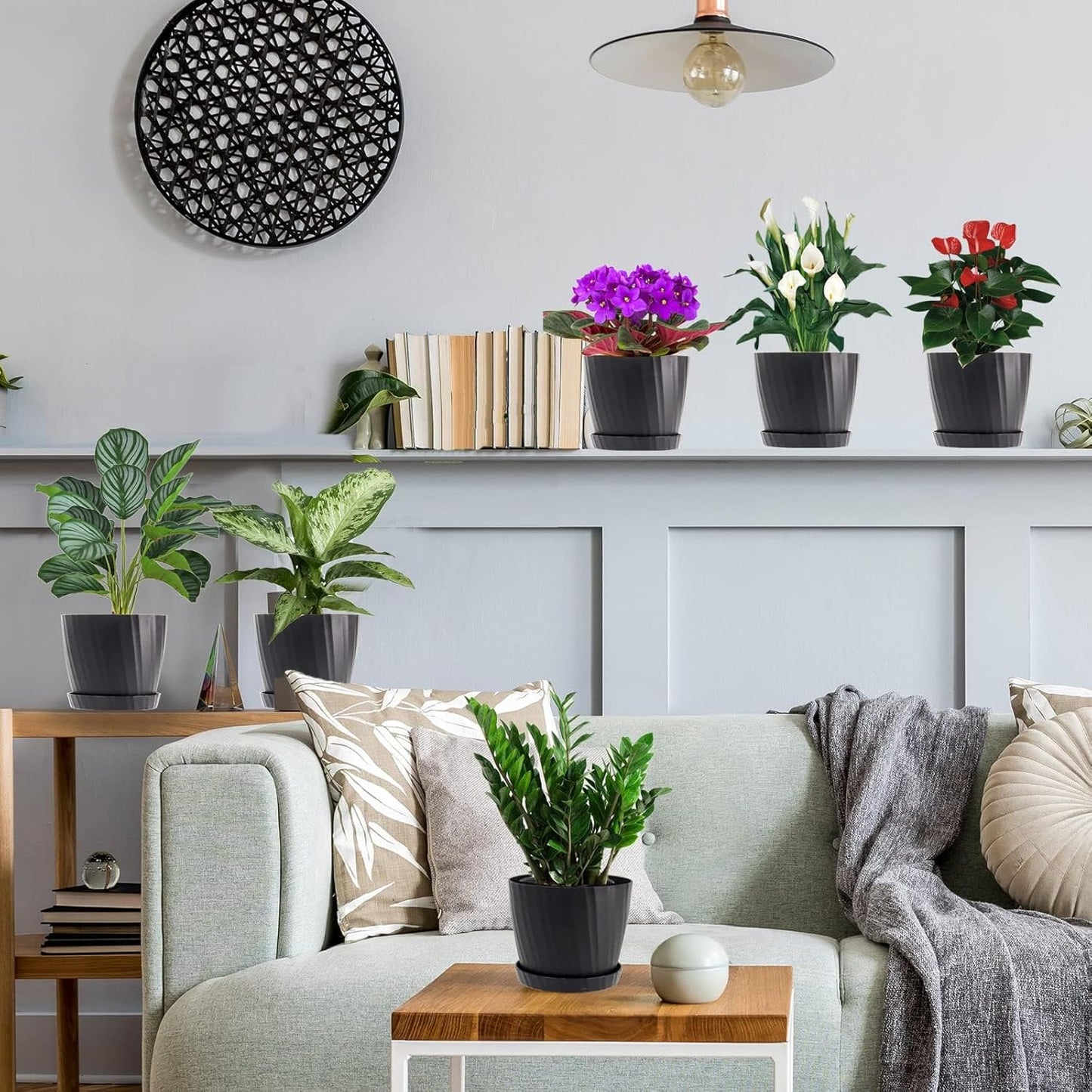 7 Inch Plant Pots Bulk, 6 Pack Plastic Planters with Drainage Holes and Saucers for Indoor Outdoor House Plants and Flowers, Black