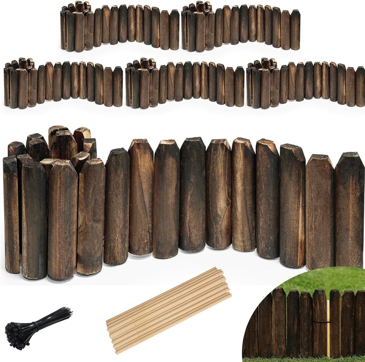 Wood Garden Edging, Wooden Fence Border Decorative Small Picket Panels for Flower Bed Barriers and Landscape Fencing (6 Pack)