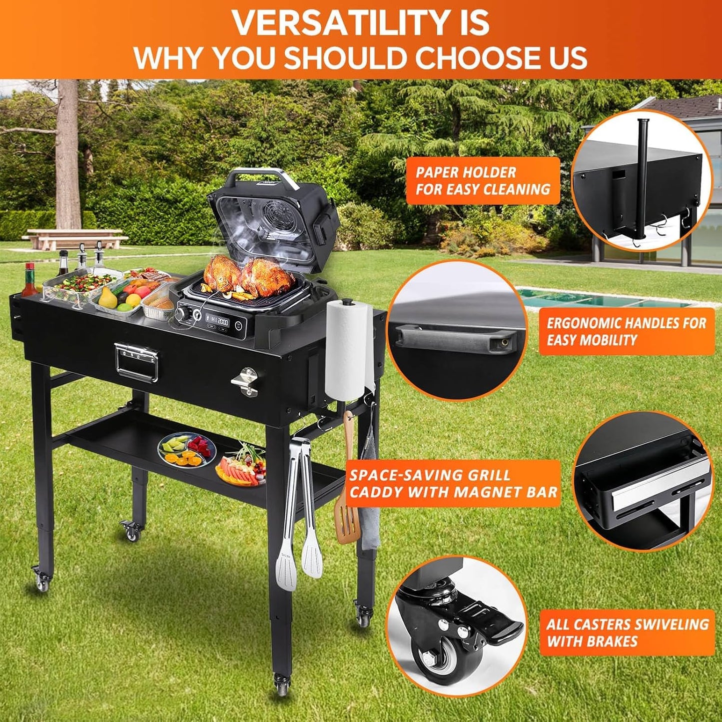 Grill Table for Ninja Woodfire OG700, Foldable Grill Cart for Blackstone, Weber, Ooni Pizza Oven, Upgraded Portable Outdoor Grill Stand, Adjustable Height, with Caddy, Paper Towel Holder, 4 Wheels