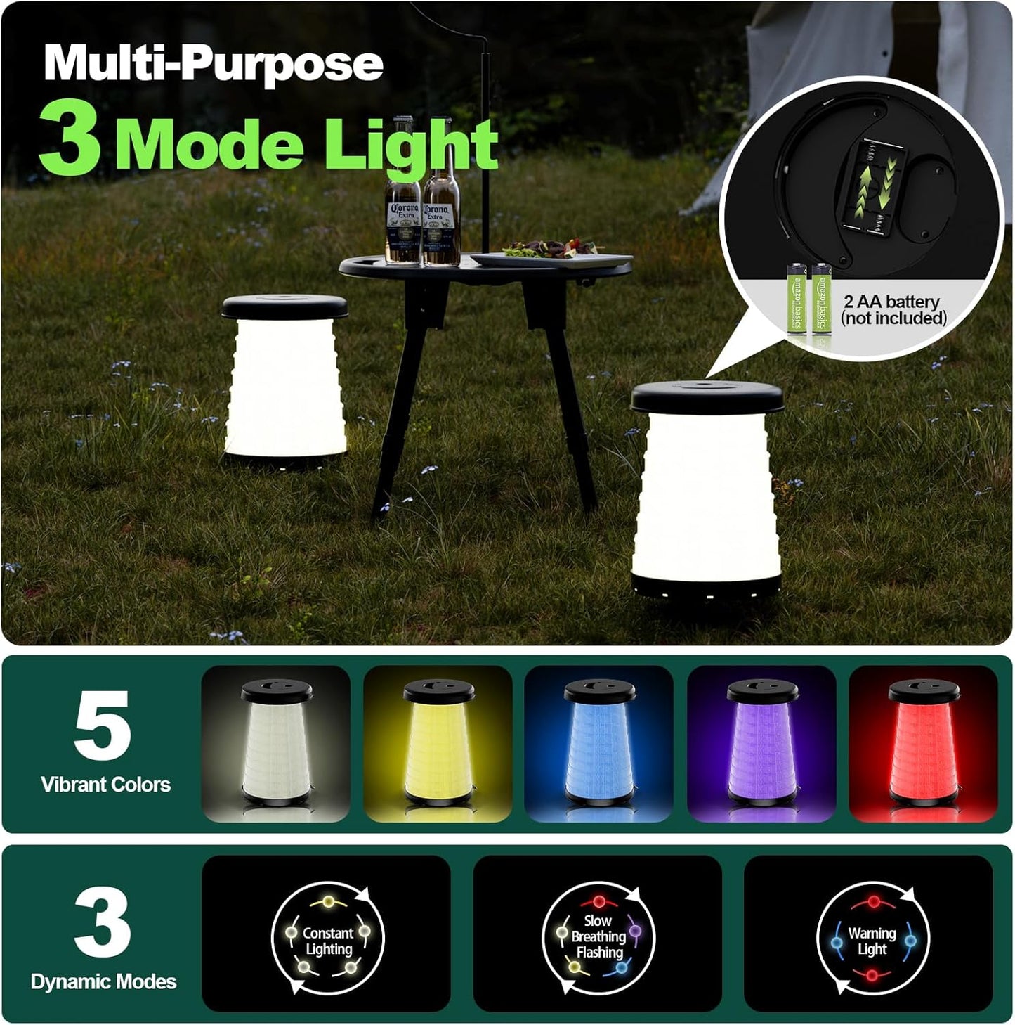 LED Light Up Camping Stool - 450lbs Weight Capacity & Adjustable Height (10 Levels), Compact Folding Chair Stool for Fishing, Hiking, Stadium, Outdoor Events
