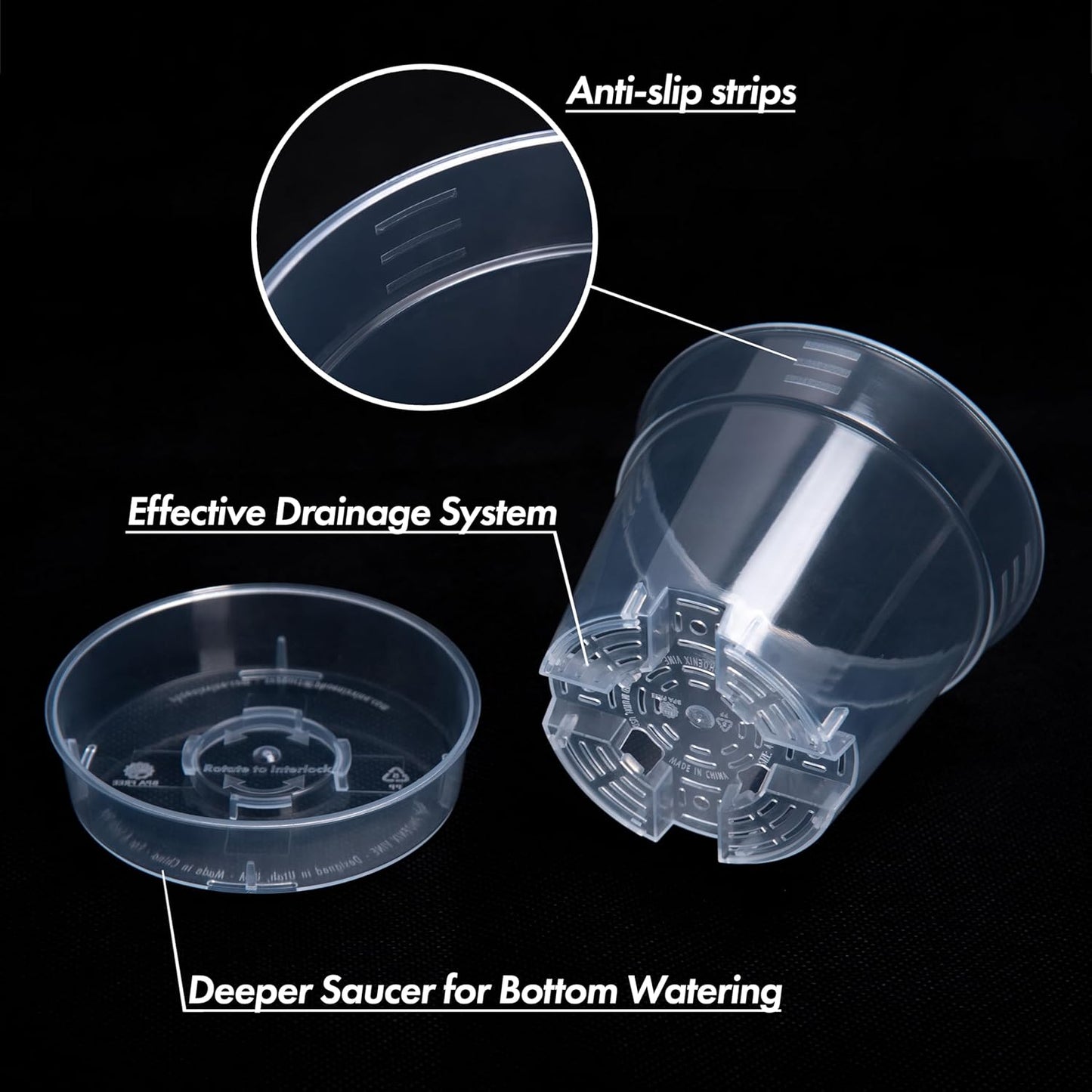 4 Inch Clear Plastic Plant Pot with Drainage Holes, Interlocking & Detachable Tray - Deep Saucer - Durable BPA-Free Plastic, Transparent Design, Raised Base for Airflow, Set of 12, 92-X-B-2