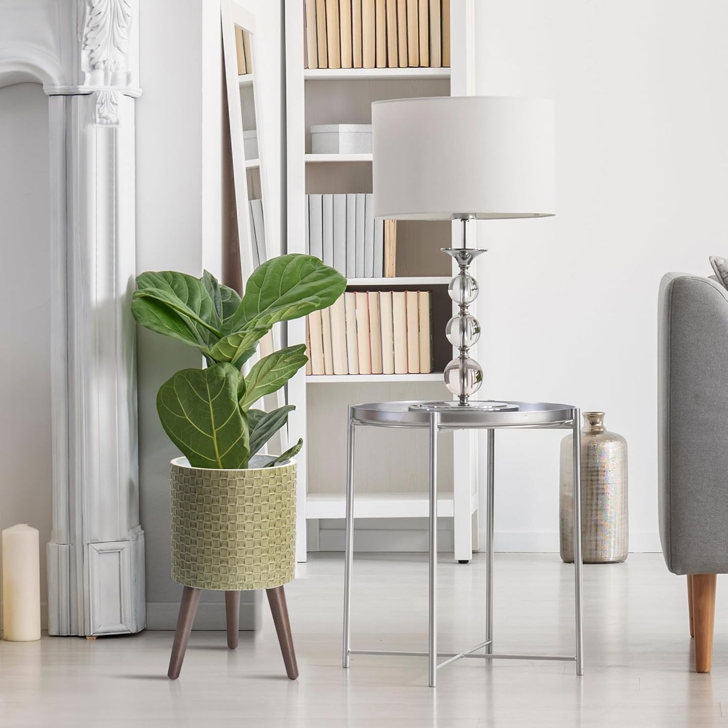 D'vine Dev 10 Inch Modern Geometric Tile Patterned Sleek Planter Pot with Stand, Indoor Outdoor Decorative Plant Holder, Distressed Olive, 88-Z-B-4