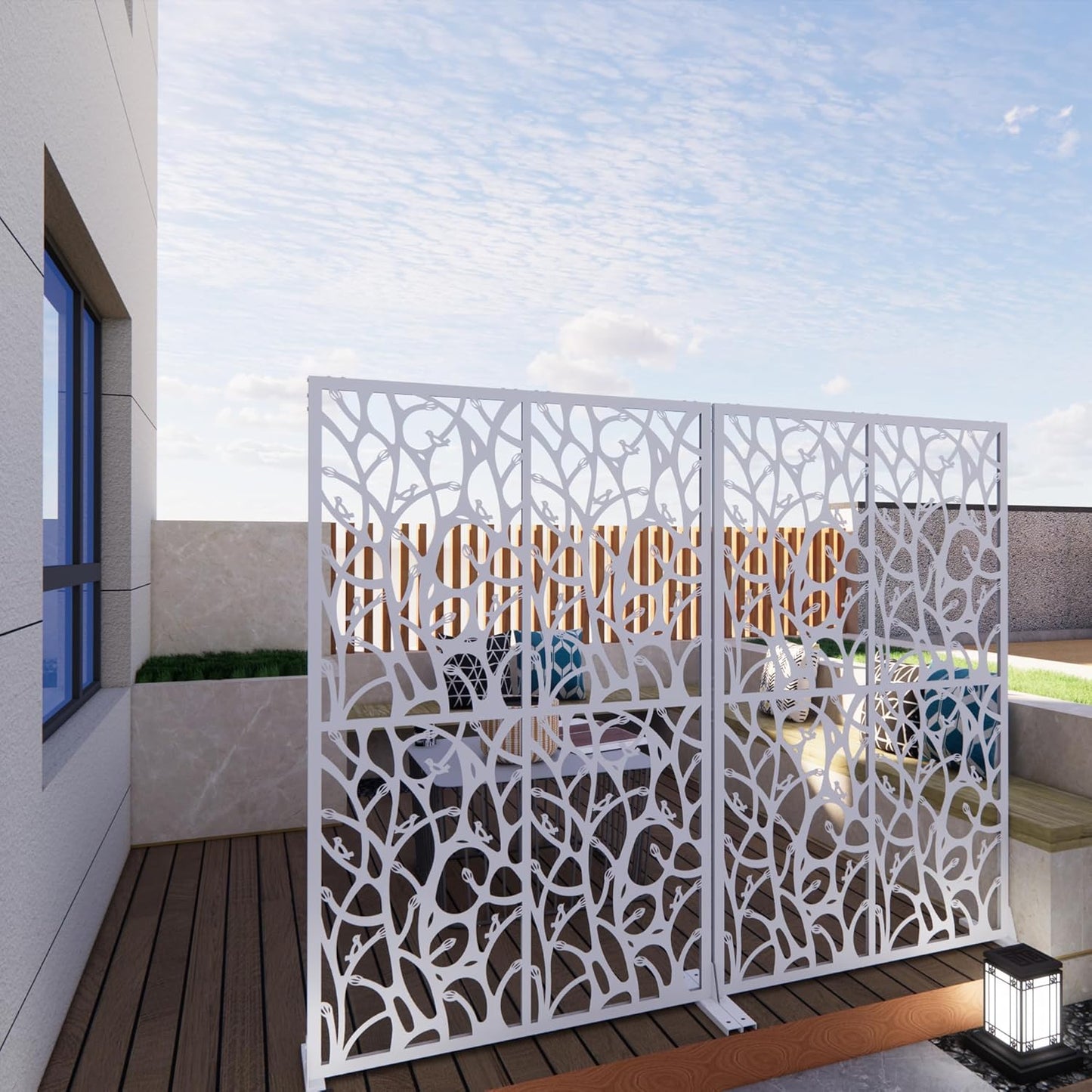 2 Pack Metal Privacy Screens 72" H Outdoor Privacy Screens Panels Outdoor and Indoor Bird Pattern Divider for Balcony Patio Garden Room Divider(White,2 Pack)