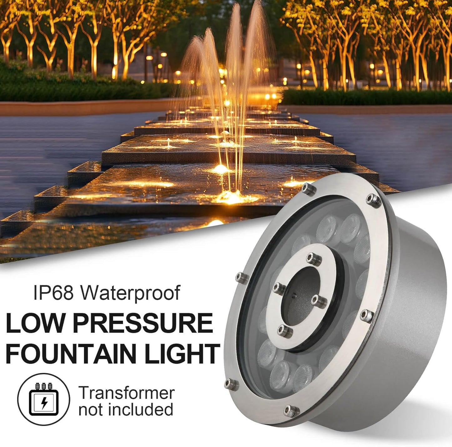 Fountain Light 12W 12V DC Warm White Waterproof Grade IP68 LED Spot Light Landscape Lighting Suitable for Fountains, Waterfalls,Pond and Grass Land（Not Include 12V Transformer）