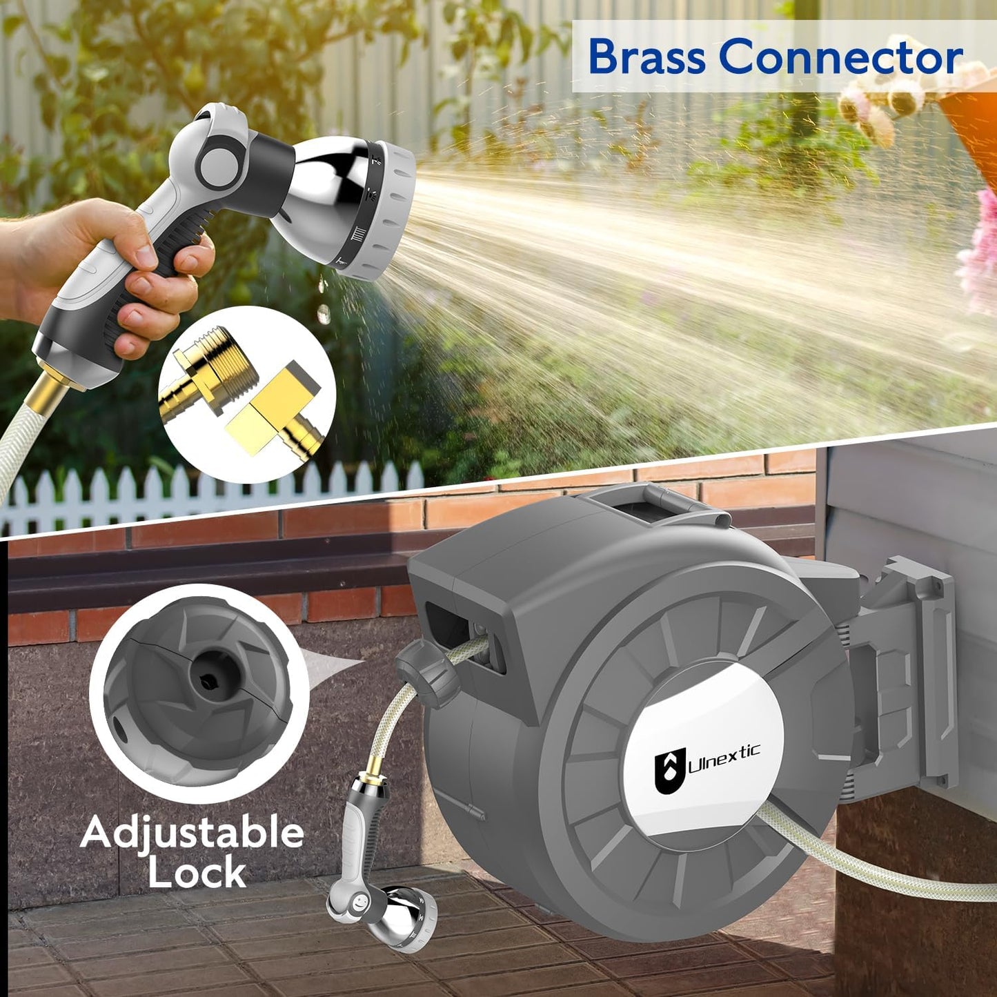 Retractable Garden Hose Reel, 1/2 in x 125 ft Wall Mounted Hose Reel, 10-Pattern Spray Nozzle, Any Length Lock/Slow Return System/Wall Mounted/180°Swivel Bracket
