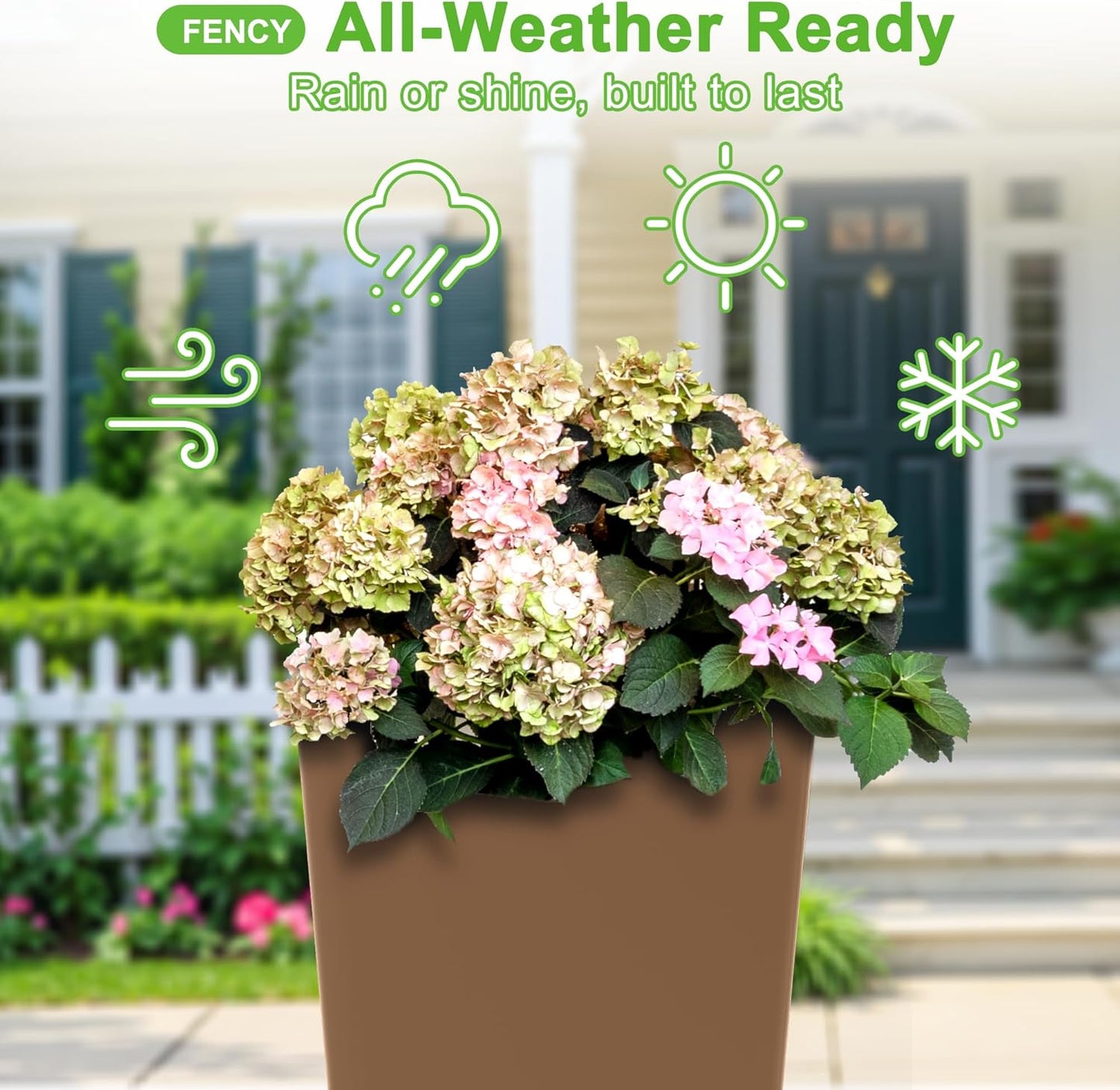 FENCY Set of 2 Tall Planters for Outdoor Plants, 24 Inch Large Tapered Pots with Drainage Trays, Weather-Resistant Plastic Plant Containers for Patio, Porch, Garden, Front Door Decor,Brown