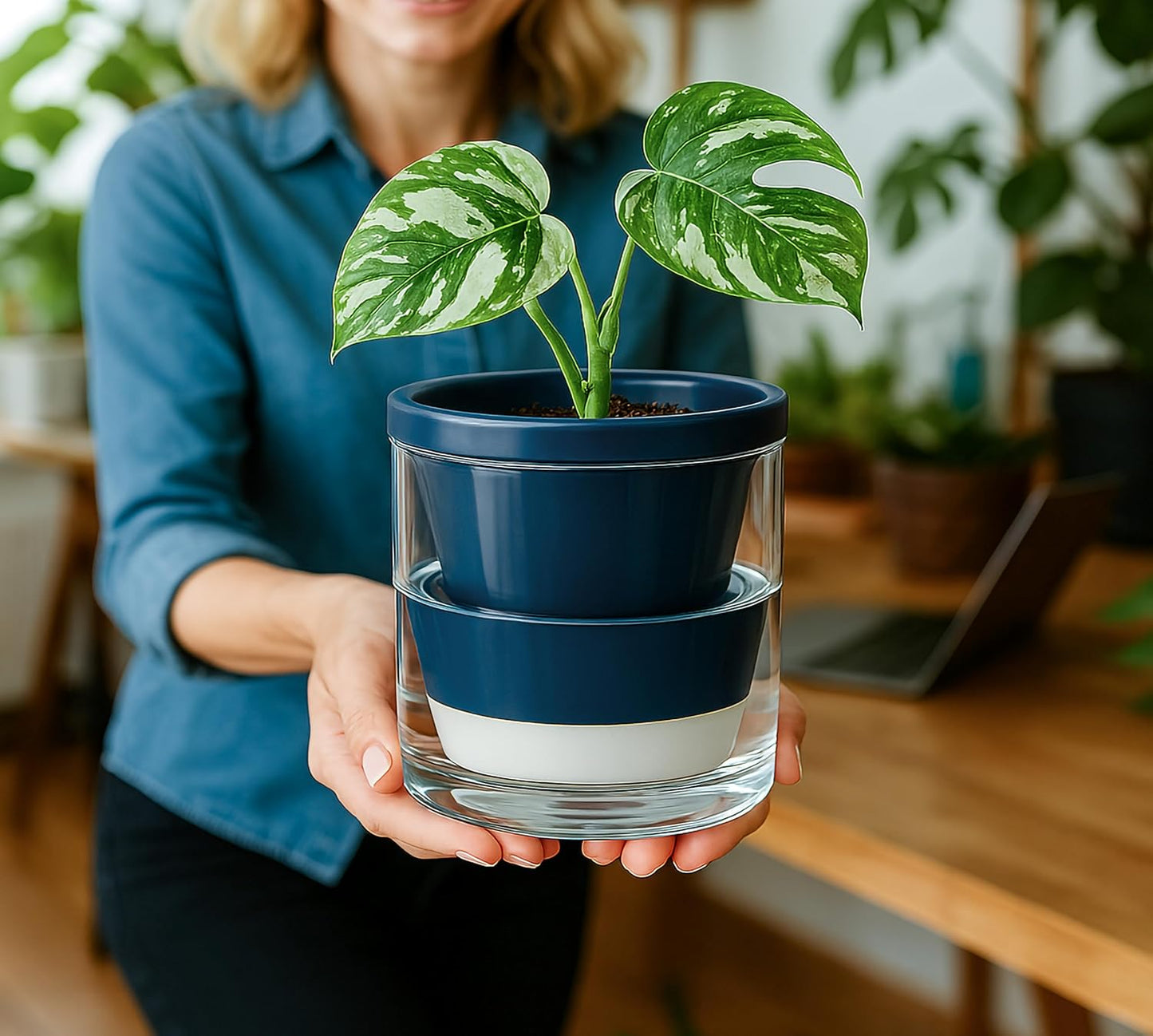 D'vine Dev 4 Inch Design Self Watering Planter for Indoor Plants, Blue Terracotta Pot with Cylinder Glass Cup, Set of 4, 37-Z-A-4-F