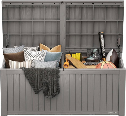 EAST OAK Outdoor Storage Box, 150 Gallon Deck Box, Large Resin Storage Bin for Patio Cushions, Gardening Tools, Lockable, Waterproof and UV Resistant, Grey