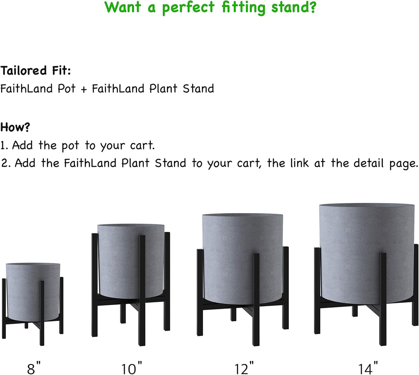 FaithLand Plant Pot 10 inch - Perfectly Fits Mid-Century Modern Plant Stand - Drainage Plug and Drainage Mesh Screen - Gray Planter Pot