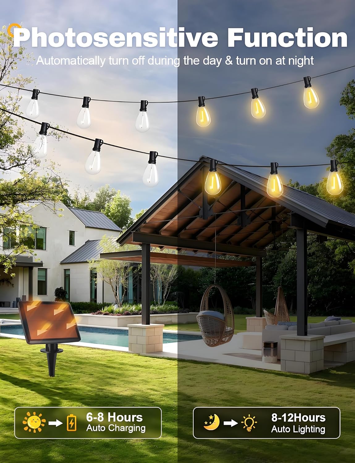 Tenmiro 120FT Solar Outdoor String Lights with Remote and 32+2 LED Shatterproof Bulbs Dimmable & Timing 3 Light Modes Solar Patio String Lights for Cafe, Garden, Deck, Outside Wedding Last for 10+Hrs
