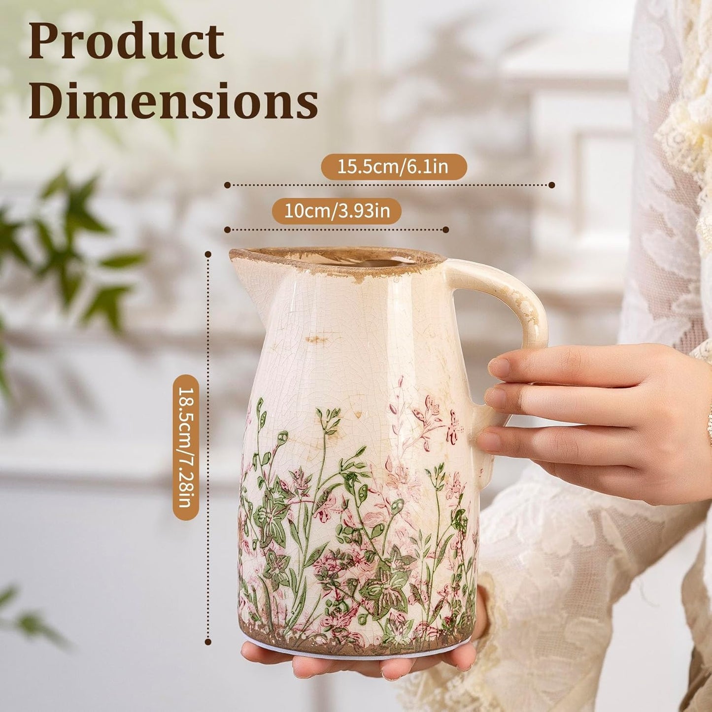 Vintage Pink and Green Floral Pitcher Vase with Handle, Ceramic Farmhouse Flower Vase French Country Decor, Rustic Table Centerpiece, Grand Millennial Tuscan Home Decor for Living Room, Bookshelf