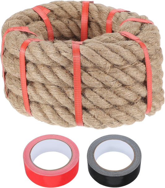 MECCANIXITY Jute Rope 1.4 Inch x 15ft, Thick Twine Rope Ropes Braided Jute Twine Natural Brown Burlap Cord String Heavy Twisted with Tapes for Decorative Crafts Railing Swing Tug of War
