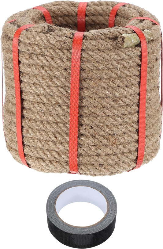 MECCANIXITY Jute Rope 0.6 Inch x 98ft, Thick Twine Rope Ropes Braided Jute Twine Natural Brown Burlap Cord String Heavy Twisted with Tape for Decorative Crafts Railing Swing Tug of War