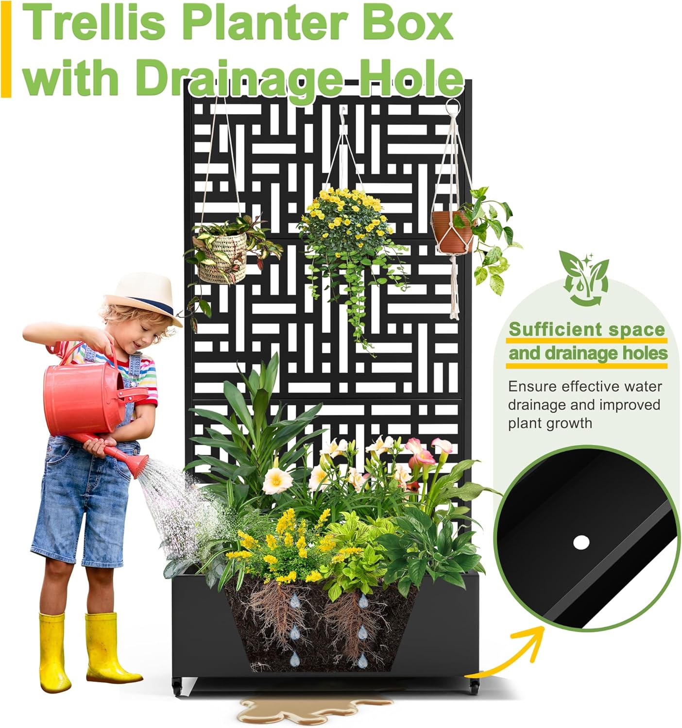 FENCY Metal Raised Garden Bed with Wheels and Trellis,73"x35"x16" Planter Box for Climbing Plants, Vegetables & Vines, Features Privacy Screen and Drainage Holes (Black-Geometric Lattice)