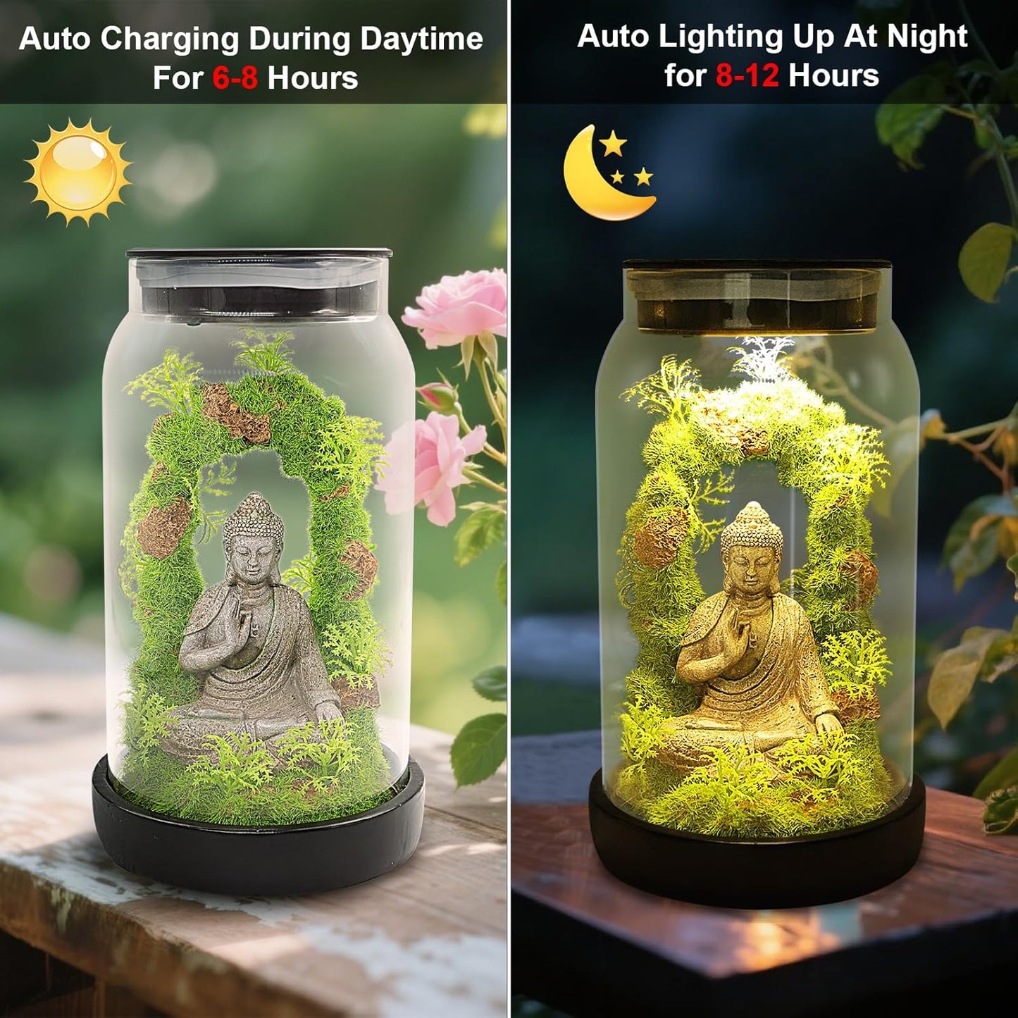 Solar Garden Buddha Statue for Home Decor - 9.8'' Zen Solar Lights Sculptures Decor with 15 LED, Sitting Meditating Buddha Serene Moss Figurine in Jar for Patio Lawn Yard Good Luck Housewarming Gifts