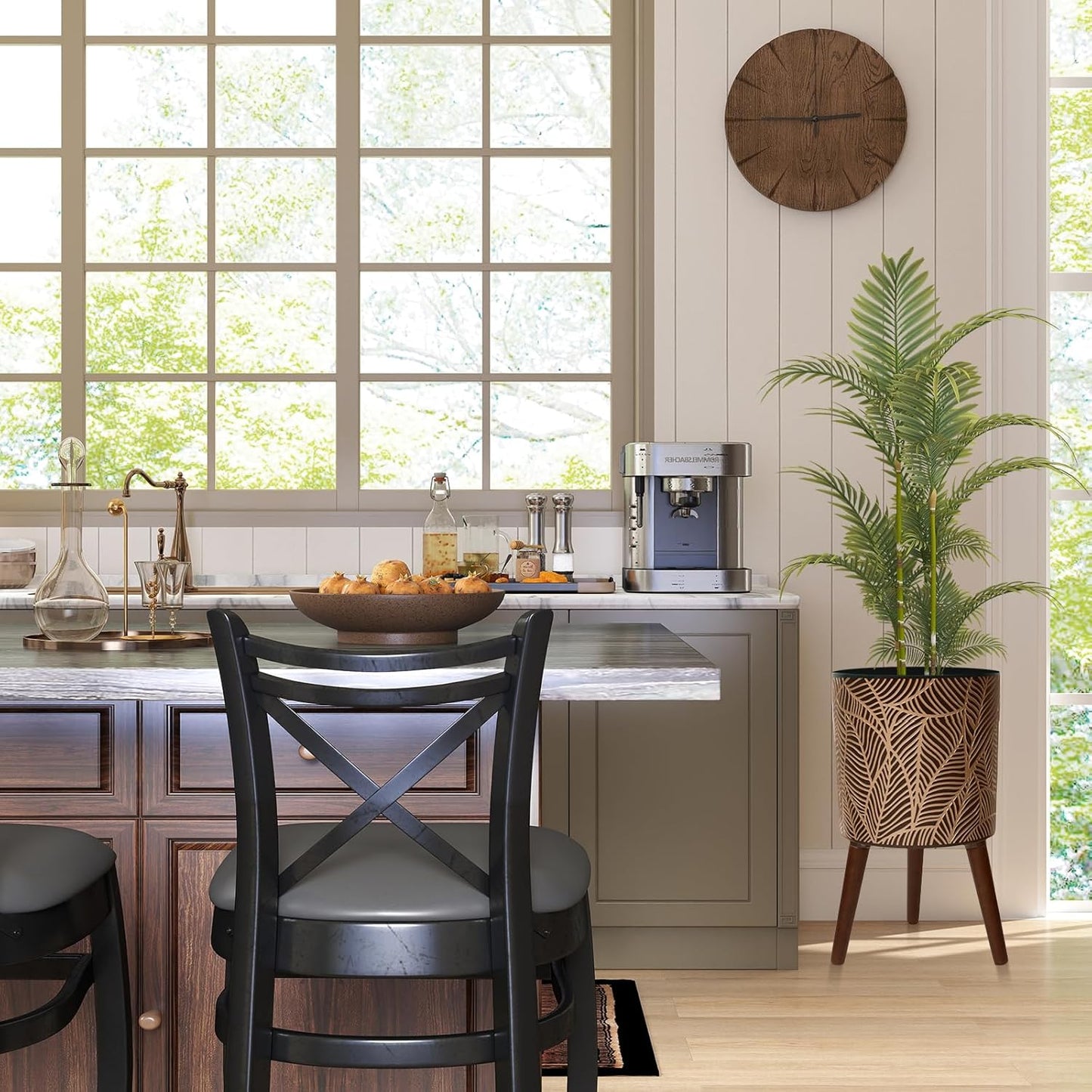 12inch Black Plant Pots for Indoor Plants Large Boho Flower Pot with Stand Modern Planters with Gold Floral Embossed Standing Planter with Drainage for Living Room, Office, Garden or Balcony