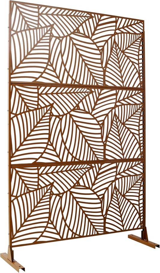 Metal Privacy Screens 76" H Outdoor Privacy Screens Panels Outdoor and Indoor Leaf Pattern Divider Freestanding Decorative Privacy Fence Panels for Balcony Patio Garden, Brown