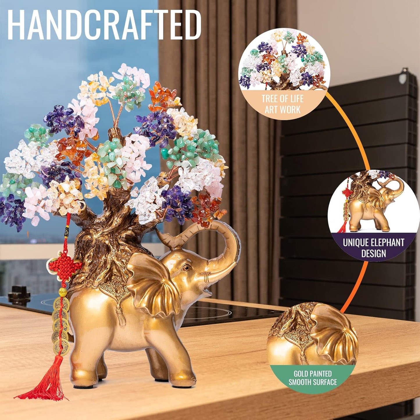 7 Chakra Crystal Money Tree on Gold Elephant Statue, 17”Large Gemstone Bonsai Tree of Life Home Décor Gifts for Wealth Positive Energy, Feng Shui Décor